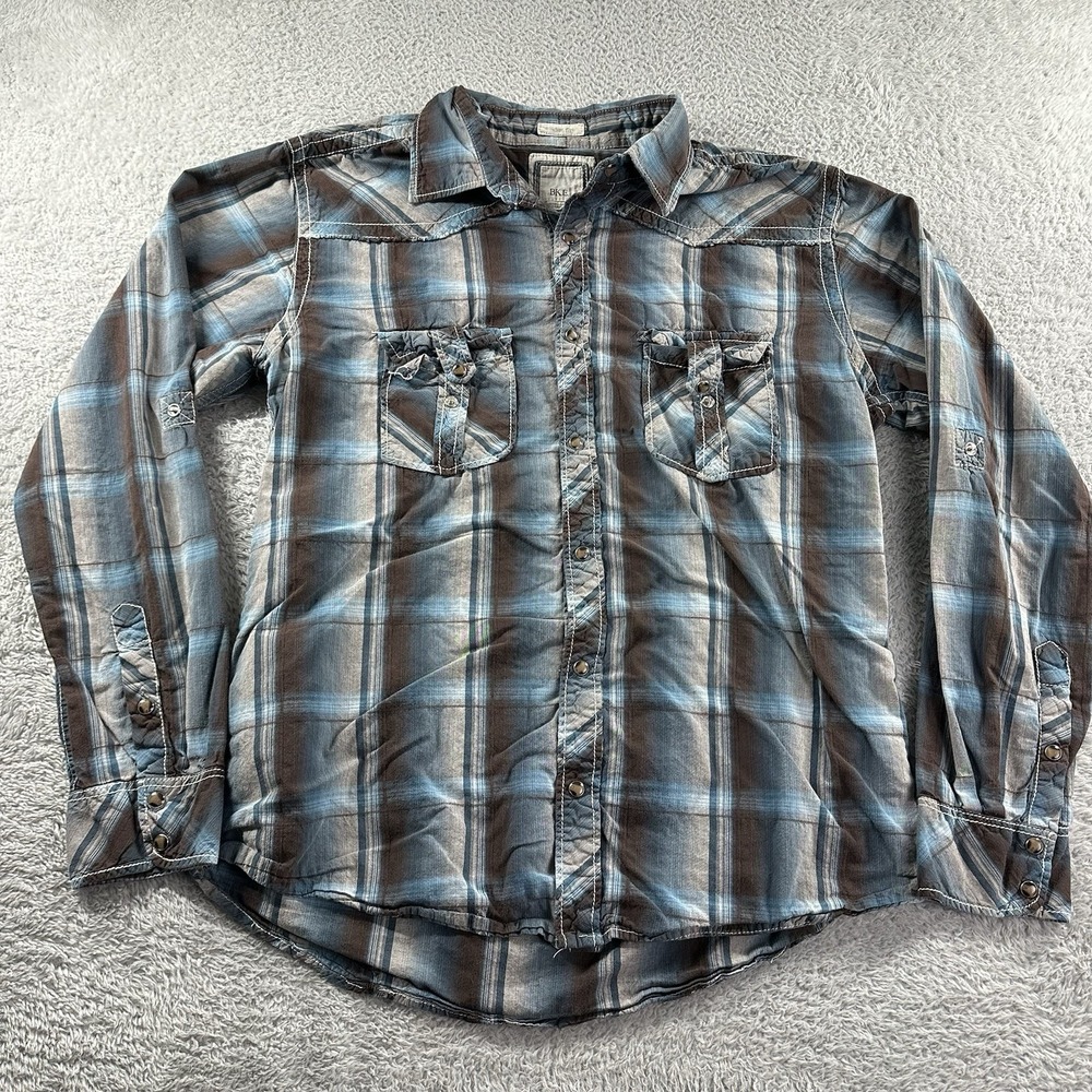 BKE Shirt Mens Large Western Peal Snap Plaid Blue Brown‎ Long Sleeve Pockets